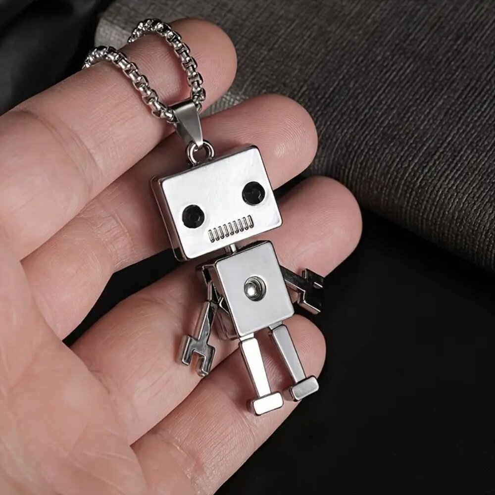 Silver Robot Pendant Necklace Cute Cartoon Toy Figure Geek Gamer Gift Unisex